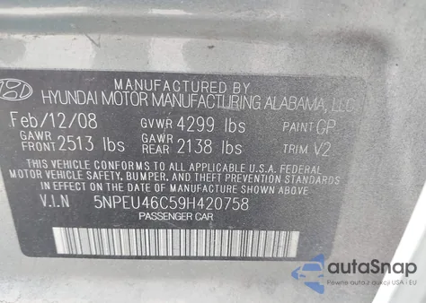 2009 Hyundai Sonata Limited z USA, uszkodzony, nr VIN 5NPEU46C59H420758